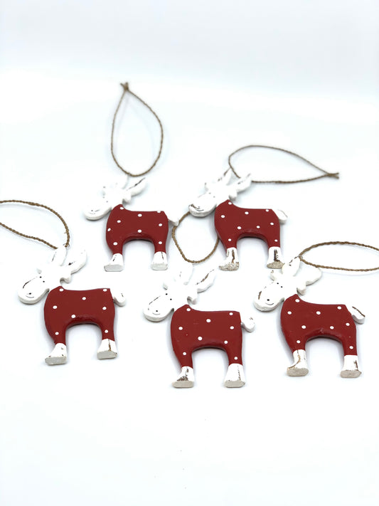 5 Handcrafted Wooden Polka Dot Reindeer Christmas Tree Decorations